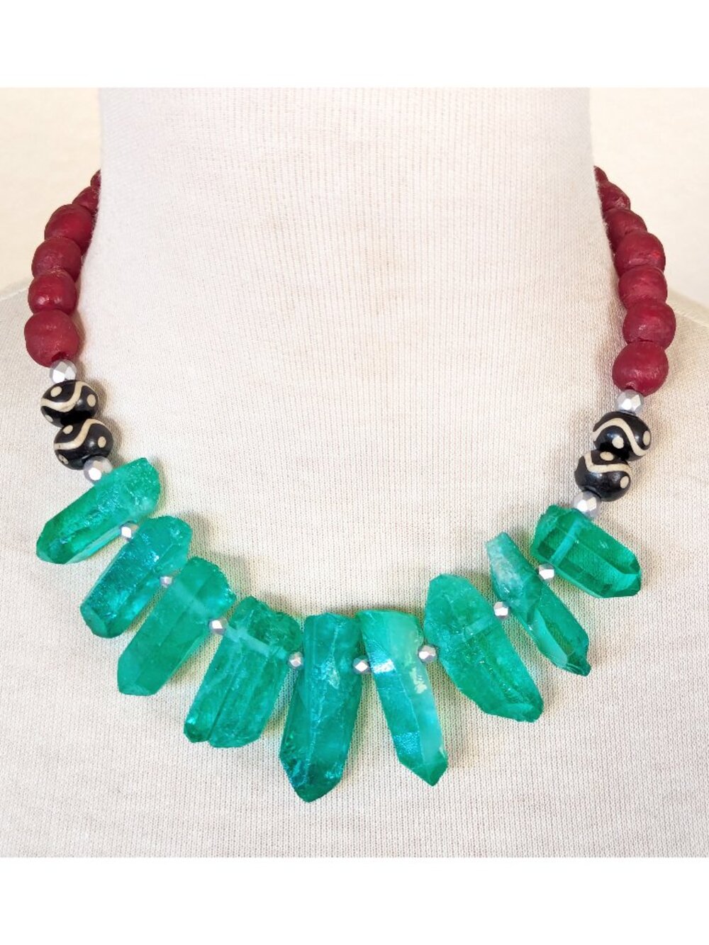 Burgundy & Green Quartz & Recycled Glass Batik Print Bib Necklace